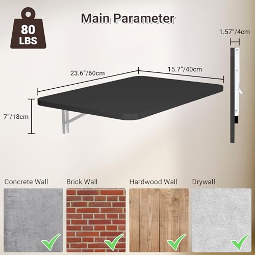 Neoaider Wall Mounted Folding Desk 23.6” x 15.7”, Black | Drop Down Table with Metal Collapsible Brackets, Folding Wall Table for Small Spaces, Home, Office, Kitchen, Laundry Room - color: Black, size: 23.6" x 15.7"