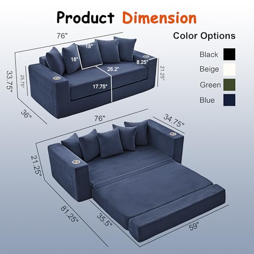 76" Convertible Sofa Bed, Corduroy Boneless Couch with Cup Holders & Pocket | 2-in-1 Sleeper Sofa, Pull-out Couch Bed with 5 Pillows, Living Room, Small Spaces, Bedroom, No Assembly - color: 76" Blue