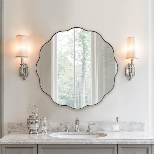 Chrome Round Wall Mirror 30 inch, Polished Metal Frame Circle Bathroom Mirror in SUS304 Stainless Steel Frame, with Unique Modern Circular Wavy Design - color: Chrome, size: 30"L x 30"W