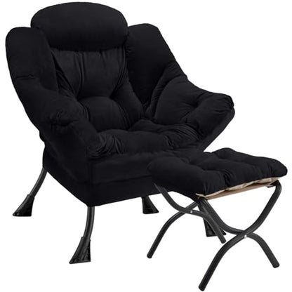 Lazy Chair with Folding Ottoman Modern Large Accent Chair,Contemporary Lounge Leisure Sofa Chair with Armrests Upholstered Sofa Armchair Reading Chair for Bedroom,Dorm & Office(Black-f) - color: Black
