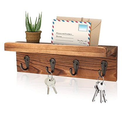 HRONRAD Rustic Key Holder for Wall, Farmhouse Wall Shelf with 4 Hooks, Wall Mounted Key Racks, Wooden Mail Organizer with Hooks for Entryway (Brown - Pine) - color: Brown - Pine