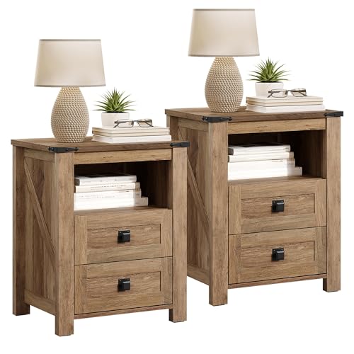 AMERLIFE Farmhouse Wood Nightstand Set of 2, End Table with Drawers, Brown | Narrow/Small 18" Bedside Table with Open Shelf, Wooden Night Stand for Bedroom/Home Office, Rustic Honey Brown - color: Honey Brown