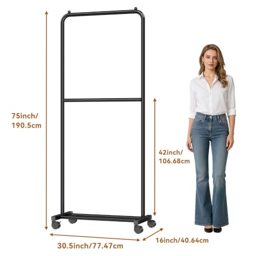 Standard Clothes Garment Rack, Portable Double Clothing Rack with Wheels and Bottom Shelf, Rolling Wardrobe Rack for Bedroom, Laundry Room, Black