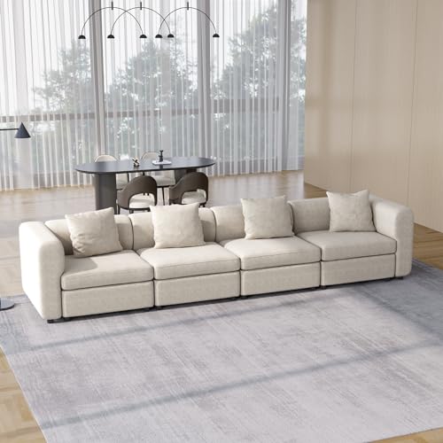 4 Seater Velvet Sectional Sofa, Modern Oversized Couch with 4 Pillows, 4 Seat Sofa Couch for Living Room, Apartment, Office, Small Space, Beige, 4 Seat (No Ottoman), 140.94" L - size: 4 Seat Sofa (No Ottoman)