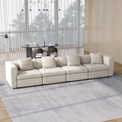 4 Seater Velvet Sectional Sofa, Modern Oversized Couch with 4 Pillows, 4 Seat Sofa Couch for Living Room, Apartment, Office, Small Space, Beige, 4 Seat (No Ottoman), 140.94" L - size: 4 Seat Sofa (No Ottoman)