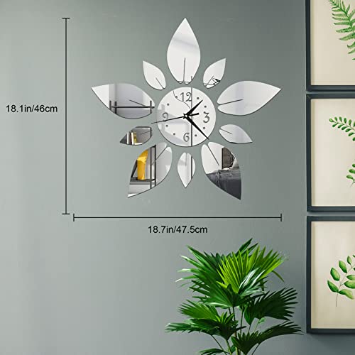 Acrylic Flower Mirror Wall Stickers, Silent DIY Wall Clock Decals | Self-Adhesive Crystal Decals, Silent Quartz Clock, Silver Petal Combo Decor For Home Apartment Office Wall Art