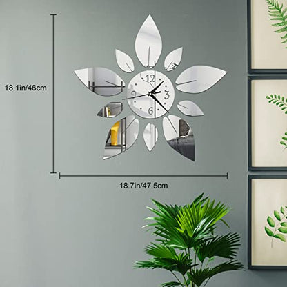 Acrylic Flower Mirror Wall Stickers, Silent DIY Wall Clock Decals | Self-Adhesive Crystal Decals, Silent Quartz Clock, Silver Petal Combo Decor For Home Apartment Office Wall Art