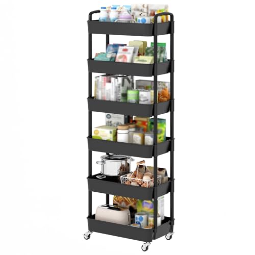 Sywhitta 6-Tier Plastic Rolling Utility Cart with Wheels for Storage,Black | Multi-Functional Storage Trolley, for Office, Living Room, Kitchen, Bathroom,Movable Organizer,Space-Saving,Easy to assemble - color: Black, size: 6-tier