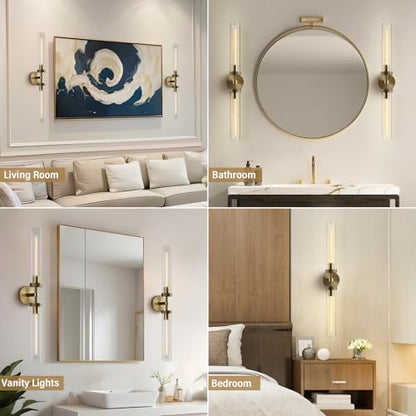 Brass Wall Sconces, 30in Gold 2-Light Double Glass Sconces Wall Lighting, Bathroom Knurled Vanity Light Sconces, Wall Lights for Living Room Bedroom（Including Bulb） - color: Brass- 30 inch-2 Pack, size: 2 Pack