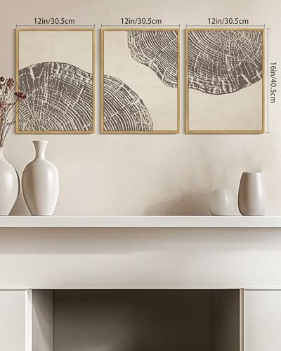 KUVIOKE Framed Tree Rings Wood Wall Art Modern Retro Beige Wood Stump Wall Decor Nature Rustic Art Print for Farmhouse Living Room Bedroom 12x16in (Natural Framed) - color: Wood Stump, size: 12 x 16in x 3 Panels Natural