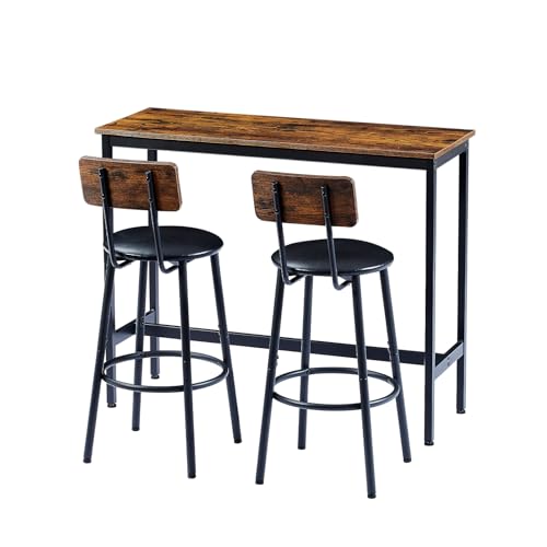 43.31" Bar Table Set for 2, Counter Height Dining Table with PU Upholstered Bar Stools and Backrests, Space-Saving Small Kitchen Table for Breakfast Nook, High Top Table and Chairs Set - color: Rustic Brown, style: Rectangular w/ Upholstered Stool