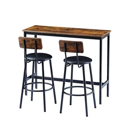 43.31" Bar Table Set for 2, Counter Height Dining Table with PU Upholstered Bar Stools and Backrests, Space-Saving Small Kitchen Table for Breakfast Nook, High Top Table and Chairs Set - color: Rustic Brown, style: Rectangular w/ Upholstered Stool