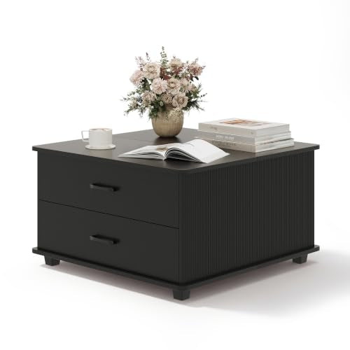 MALOL Storage Coffee Table with 2 Drawers & Flip-Top Lid with Hidden Storage, Modern Fluted Wood Coffee Table, Solid Wood Legs, Square Center Table for Living Room, Black - color: Black