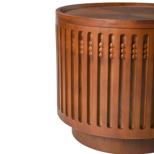 18.9" Round Side Table with Hidden Storage, Wooden End Table | Mid-Century Modern Small Coffee Table with Grille Solid Wood Effect, Boho Table for Living Room,Bedroom,Walnut - color: A-18.9" Round Side Table