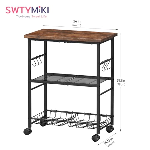 SWTYMIKI Rolling Kitchen Microwave Cart - 3 Tier Microwave Table Stand with Storage Basket and Hooks, Kitchen Utility Cart on Wheels, Coffee Cart Shelf Rack Organizer for Living Room Office, Balcony - color: Brown