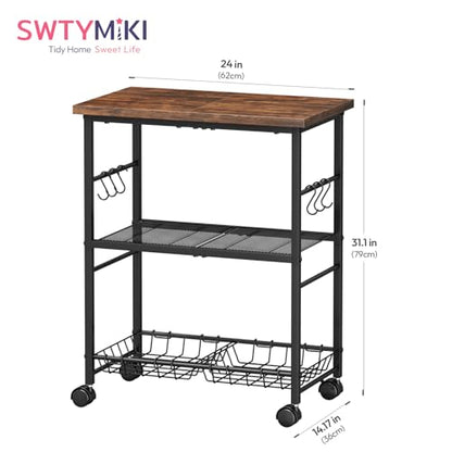 SWTYMIKI Rolling Kitchen Microwave Cart - 3 Tier Microwave Table Stand with Storage Basket and Hooks, Kitchen Utility Cart on Wheels, Coffee Cart Shelf Rack Organizer for Living Room Office, Balcony - color: Brown