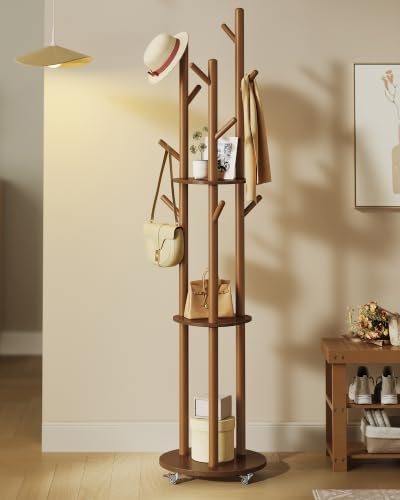 VASAGLE Freestanding Coat Rack Stand, Coat Tree with 11 Hooks, 3 Shelves, 4 Removable 360° Swivel Wheels, Wooden Hooks and Poles, for Entryway, Bedroom, Living Room, Walnut Brown URCR023K01 - color: Walnut Brown