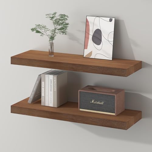 SAUMONIERES Floating Wall Shelves for Bedroom Bathroom Wall Mounted Solid Wood Shelf 24 Inch Set of 2, Walnut Floating Shelves - color: Walnut, size: 24 Inch-2 shelves