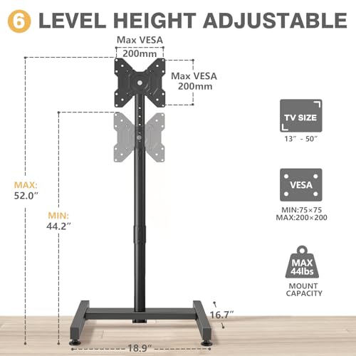TV Floor Stand for 13-50 inch LCD LED Flat/Curved Panel Screen TVs up to 44 lbs, Height Adjustable TV Stand Mount with VESA 200x200, Portable TV Stand for Bedroom, Dorm Room, Office | Tilting and Rotating Mount, Portrait to Landscape, Height Adjustable Po