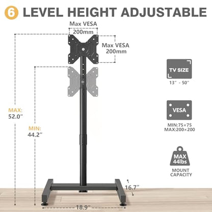 TV Floor Stand for 13-50 inch LCD LED Flat/Curved Panel Screen TVs up to 44 lbs, Height Adjustable TV Stand Mount with VESA 200x200, Portable TV Stand for Bedroom, Dorm Room, Office | Tilting and Rotating Mount, Portrait to Landscape, Height Adjustable Po