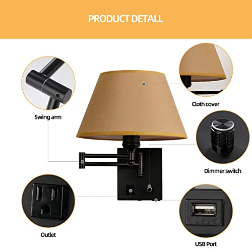 Swing Arm Wall Sconces, Plug-in Wall lamp,Bedroom Wall lamp ， White Fabric Shade with dimmable Switch and USB Charging Port,Suitable for Bedside,Living Room,Reading (Black. Gold Shadow) - color: Black. Gold Shadow