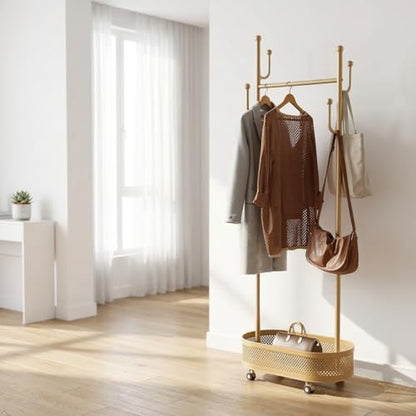 Gold Wheeled Cactus Metal Coat Rack Freestanding Garment Organizer | Double Sided, Modern Style, Powder Coated, for Entryway and Bedroom, 24x14x66.93 Inches - color: Gold