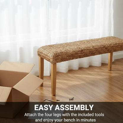 Solid Wood Acacia Indoor Bench, 47 Inch Water Hyacinth Seat, Fishbone Style | Natural Woven Seat, Living Room or Entryway, Bedroom End of Bed or Dining - color: Fishbone - Natural Leg & Water Hyacinth