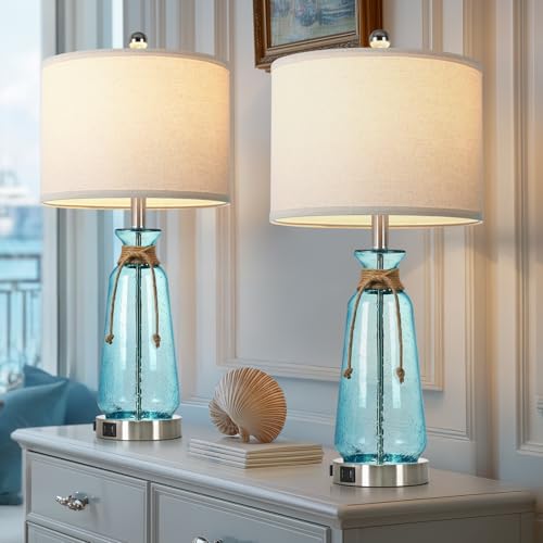 Rinweey 26" Coastal Lamps for Living Room Set of 2,3-Way Dimmable Bedside Lamps with USB Ports and AC Outlet, Nautical Lamps for Nightstand Bedroom Living Room,Teal - color: Coastal