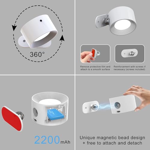 AKSDA 3Pack Battery Operated Wall Sconce, 3 Color Modes 3 Brightness Levels 360°Rotation Lighting Timer Touch & Remote Control, Wall Mounted Lamp LED Wall Lights for Bedroom Reading Bedside (White) - color: White-3PC