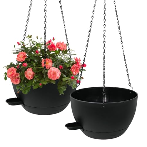 WOUSIWER Self Watering Hanging Planters, 2 Pack 10'' Plastic Pots with Drainage Holes & Reservoir Tray (Black) | Indoor & Outdoor Use for Ferns, Ivy, Herbs, Succulents - color: Black, size: 2 Pack 10 inches