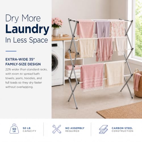 Honey-Can-Do Oversized Clothes Drying Rack, 35" Wide, 50 lb, Grey | Extra-wide 35" family-size rack holds 50lb of laundry. Rust-resistant steel folds flat; indoor or outdoor use. No Assembly - color: Grey / White