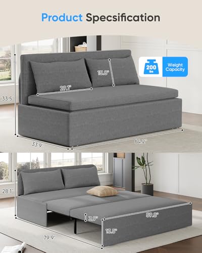 64.2" Queen Size Pull Out Sofa Bed，3-in-1 Linen Convertible Sleeper Sofa Bed,Loveseat Pullout Bed with Pillows and Tri-fold Mattress for Small Space/Bedroom,Light Grey - color: Light Grey, size: Queen