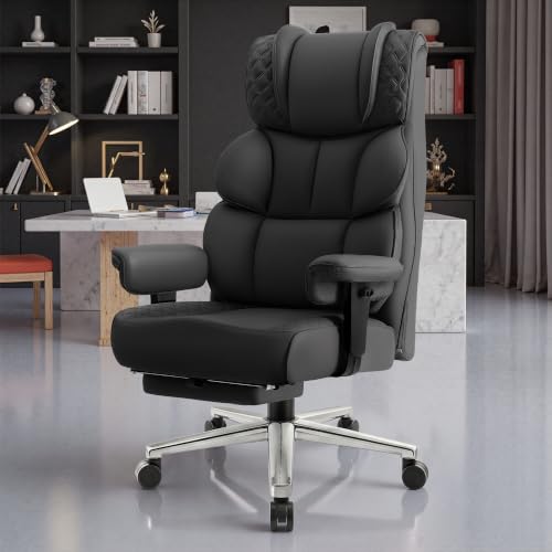 Office Desk Chair, Big and Tall Leather Gaming Chair with Footrest, Wide Ergonomic Comfy Executive High-Back Reclining Computer Chairs, Swivel Rolling Wheels and Padded Lumbar Support, Black Updated - color: Black 2.0, style: 3 Position Reclining