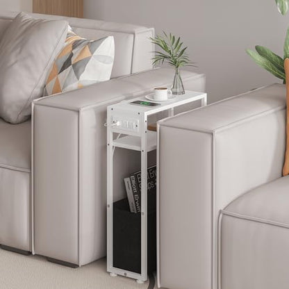Leomonio White Side Table with Charging Station, Slim End Tables with Fabric Basket, Skinny Table for Small Spaces, Thin Bedside Table for Living Room, Bedroom - color: White - Outlet