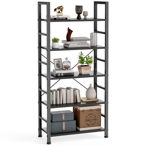 DUMOS 5 Tiers Open Bookshelf, Classic Freestanding Tall Display Shelf | Multifunctional Storage Organizer Rack for Living Room Home Office, Sturdy Bookcase for CDs/Books/Movies, Modern Black - color: Black, size: 5 Tier