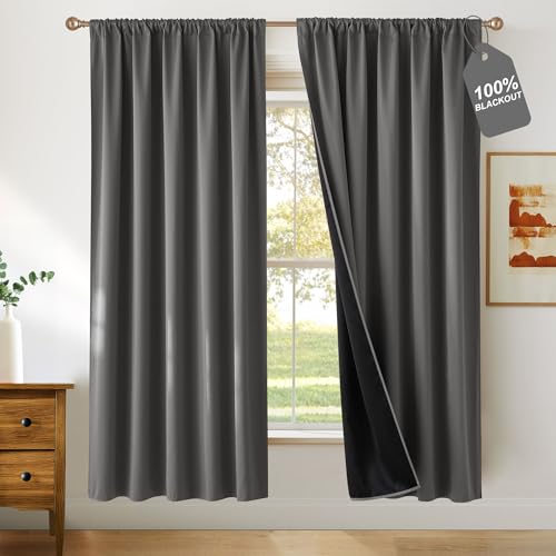 NICETOWN Grey 72 inch Curtains 100% Blackout 2 Panels, Rod Pocket Room Darkening Window Treatment Thermal Drape for Living Room, 2 Panels, W52 x L72 - color: Grey, size: 52"W x 72"L (Pack of 2)