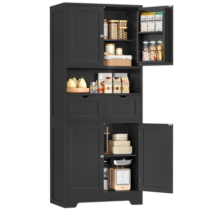Kitchen Pantry Cabinet with Adjustable Shelf, Tall Storage Cabinet with 2 Drawers & 4 Door Shelves, Food Pantry Cabinets, for Kitchen, Dining Room, Living Room, Black - color: Black