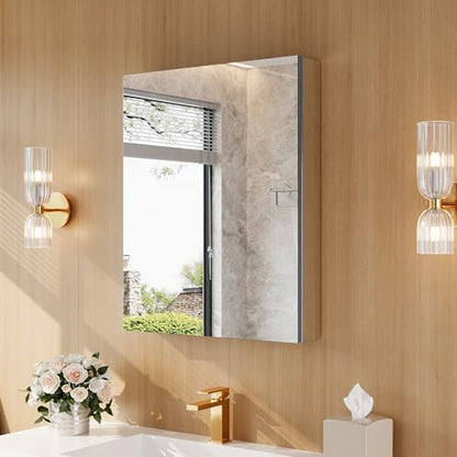 24" x 30" Bathroom Medicine Cabinet with Mirror, Recessed or Wall Mount | Medicine Cabinets with Adjustable Glass Shelves, Soft-Closed Hinge, Chrome Aluminum Frame, Reverse Installation - size: 24" x 30"