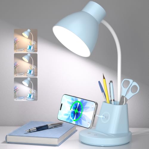 10W Wireless Charging LED Desk Lamp with Pen Holder, CRI 95, Blue | 800LM, 3 Modes, 360°Flexible Arm, Touch, Brightness, Table Lamp for Home Office, Dorm, Bedside, Study, Reading, with Adapter - color: Blue