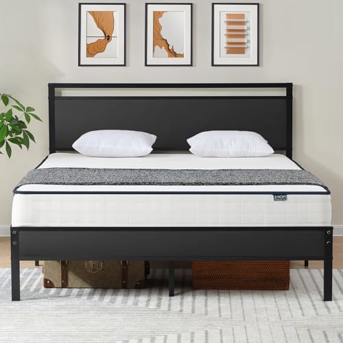 Z-hom Full Bed Frame with Wooden Headboard & Footboard,Metal Platform Bed | Heavy Duty Metal Slat Support,No Box Spring Required,Quiet Non-Slip Construction with Underbed Storage Space,Black - color: Black, size: Full