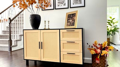 PHI VILLA Black Rattan Cabinet with Doors, Buffet Sideboard Cabinet with Drawers, 2 Door Storage Cabinets - color: Rattan 2