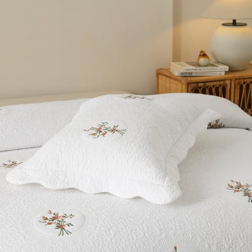 MarCielo 3pcs Cotton Quilt Set White Rose Bouquet | Embroidered Bedspread Lightweight All Season Quilted Bedding - color: White Rose Bouquet, size: Queen (98" x 90")