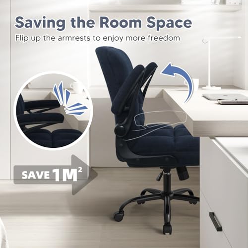 Office Chair with Wheels, Ergonomic Home Office Computer Chair with Flip-up Armrest, Adjustable Rolling Desk Chair Teddy Fleece – Dark Blue - color: Dark Blue
