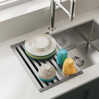 COOL-ANGLE Aluminum Roll Up Dish Drying Rack, 17.7x13.4 Inches, Matte Gray | Rust proof aviation aluminum, Heat resistant trivet up to 400F, Fits sinks up to 16.8 inches, Foldable for compact RV storage - size: Rectangle 17.7'' x 13.4''