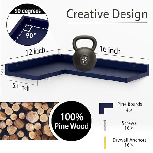 4 Tier Floating Shelves - Navy Blue Set of 4, Rustic Pine Wooden L Shaped Corner Wall Shelf for Wall Decor Storage, Bedroom, Living Room, Bathroom, Kitchen - color: Navy Blue Floating Corner Shelves
