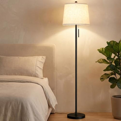 JUNNAI 【Upgraded】 Modern Black Floor Lamp 63in Standing Lamp for Living Room Bedroom Office 3 Way Brightness Dimmable Tall Pole Light with Beige Linen Shade Metal Shade 8W 3000K LED Bulb Included - color: Black