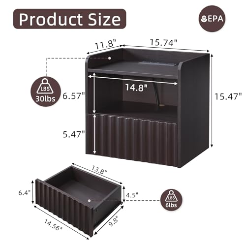BuildHom Modern Fluted Floating Nightstand Wall Mounted - Bedside Table with Storage Drawer & Display Shelf, Minimalist Bedroom Furniture for Studio Apartments(Espresso) - color: Espresso, size: Single