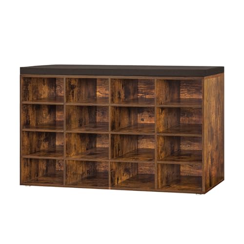 Shoe Storage Bench with Cushion, 16-Cubby Shoe Rack with Seat | 40.9"L Entryway Shoe Organizer Bench, Adjustable Shelves for Boots, Removable Washable Cushion, Closet/Hallway, Rustic Brown - color: Rustic Brown, size: 16 Cubby