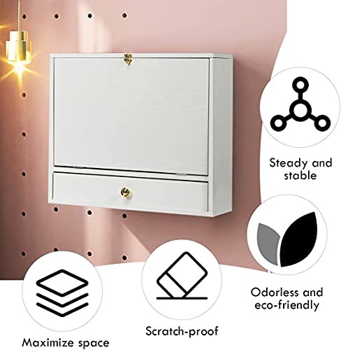 GRAFFY Wall Mounted Table, Multifunctional Folding Hanging Storage Cabinet, Space Saving Computer Desk w/Storage Drawer and Shelves, Wall Mount Laptop Desk for Home Office (White)