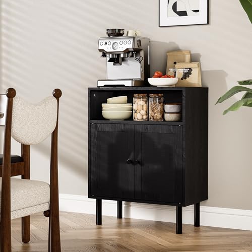 Rattan Storage Cabinet, Boho Accent Cabinet with Double Doors | Small Freestanding Sideboard for Hallway, Laundry Room,Kitchen, Dining Room, Entryway (Black) - color: Black